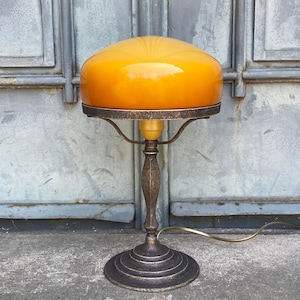 Vintage Art Deco Desk Lamp with Cognac Glass Shade - Elegant Office or Nightstand Lamp with Unique Style