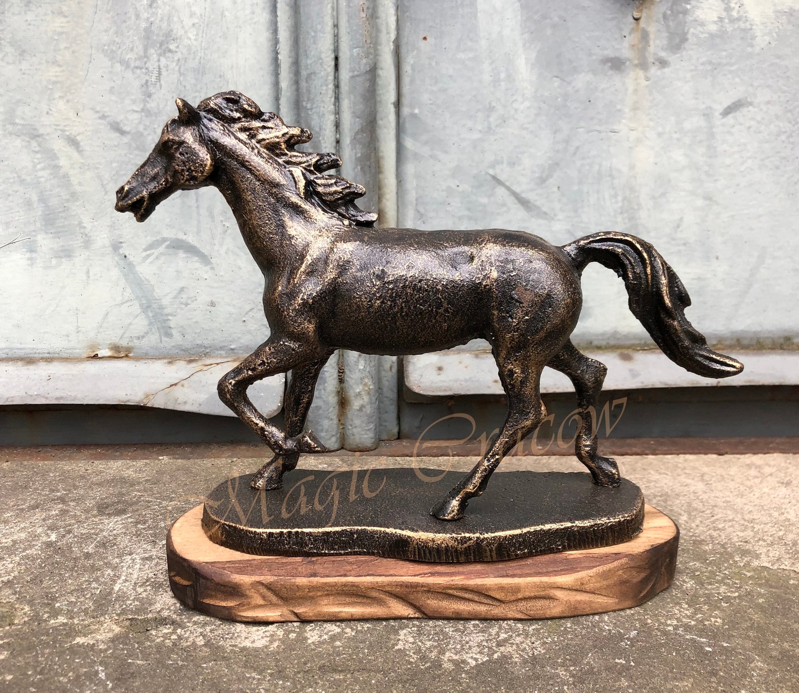 Horse Wild Steed Cast Iron Sculpture on Wooden Base Gift Etsy
