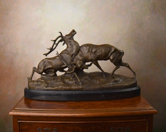 Amazing Limited Bronze Sculpture of Two Fighting Stags, Vintage Figurine on Marble Base, Two Deers, Hunters Gift Idea