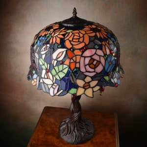 Amazing Stained Glass Lamp, Tiffany Style Table Lamp, Large Living Room Lamp, Floral Motif Lamp Shade, Glass Shade on Metal Base image 2