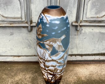 Amazing Vase Emile Galle style, Big Glass Vase with Geeses flying over the Mountains, Winter Landscape, Blue and White Vase,