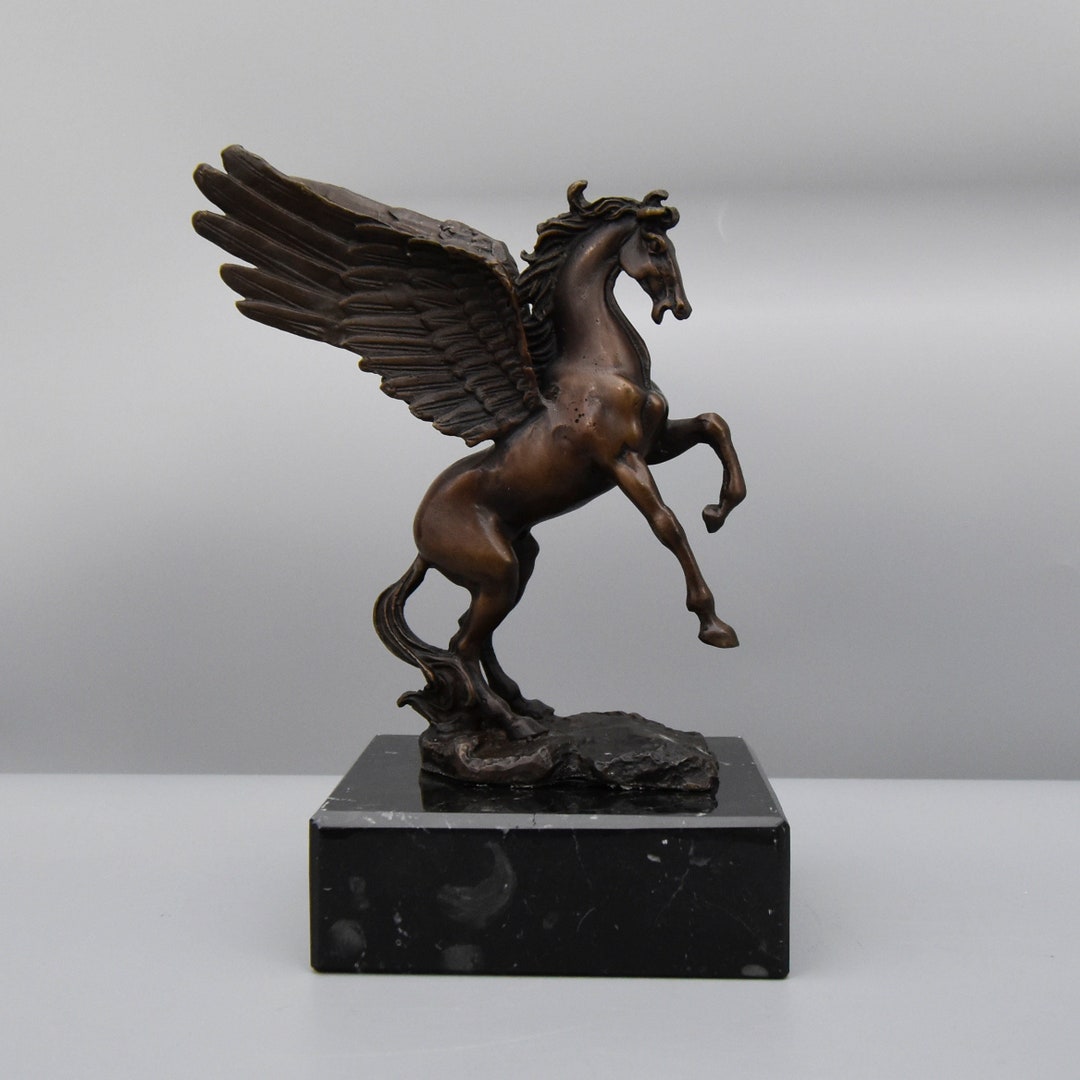 Winged Horse Bronze Sculpture on Marble Base, Pegaz Figurine, Wild