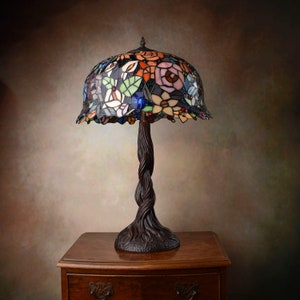 Amazing Stained Glass Lamp, Tiffany Style Table Lamp, Large Living Room Lamp, Floral Motif Lamp Shade, Glass Shade on Metal Base image 1