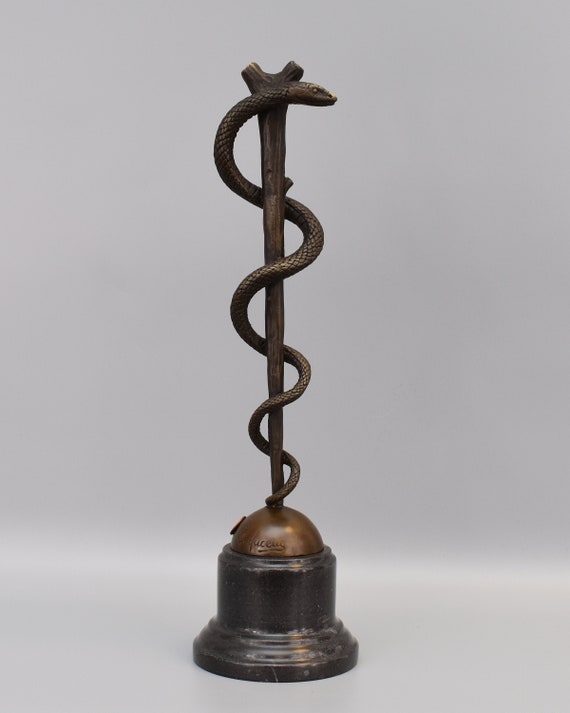 Big Rod of Asclepius Bronze Sculpture on Marble Base, Aesculapian