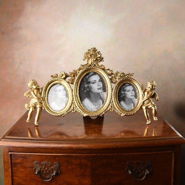 Élégant cadre photo en or sculpté avec des anges pour 3 photos, l’Art déco rencontre le style victorien, décoration de la maison, cadre photo triple mariage