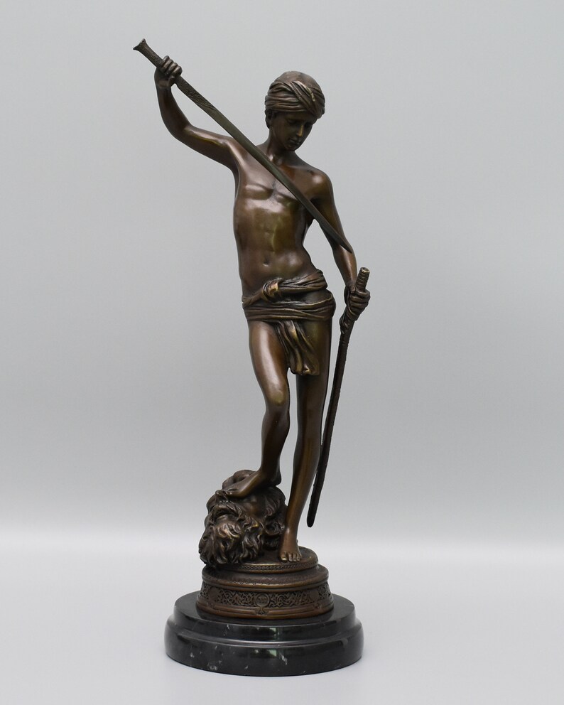Vintage Figurine Gift Idea Bronze Sculpture on Marble Base David/'s Victory over the Goliath
