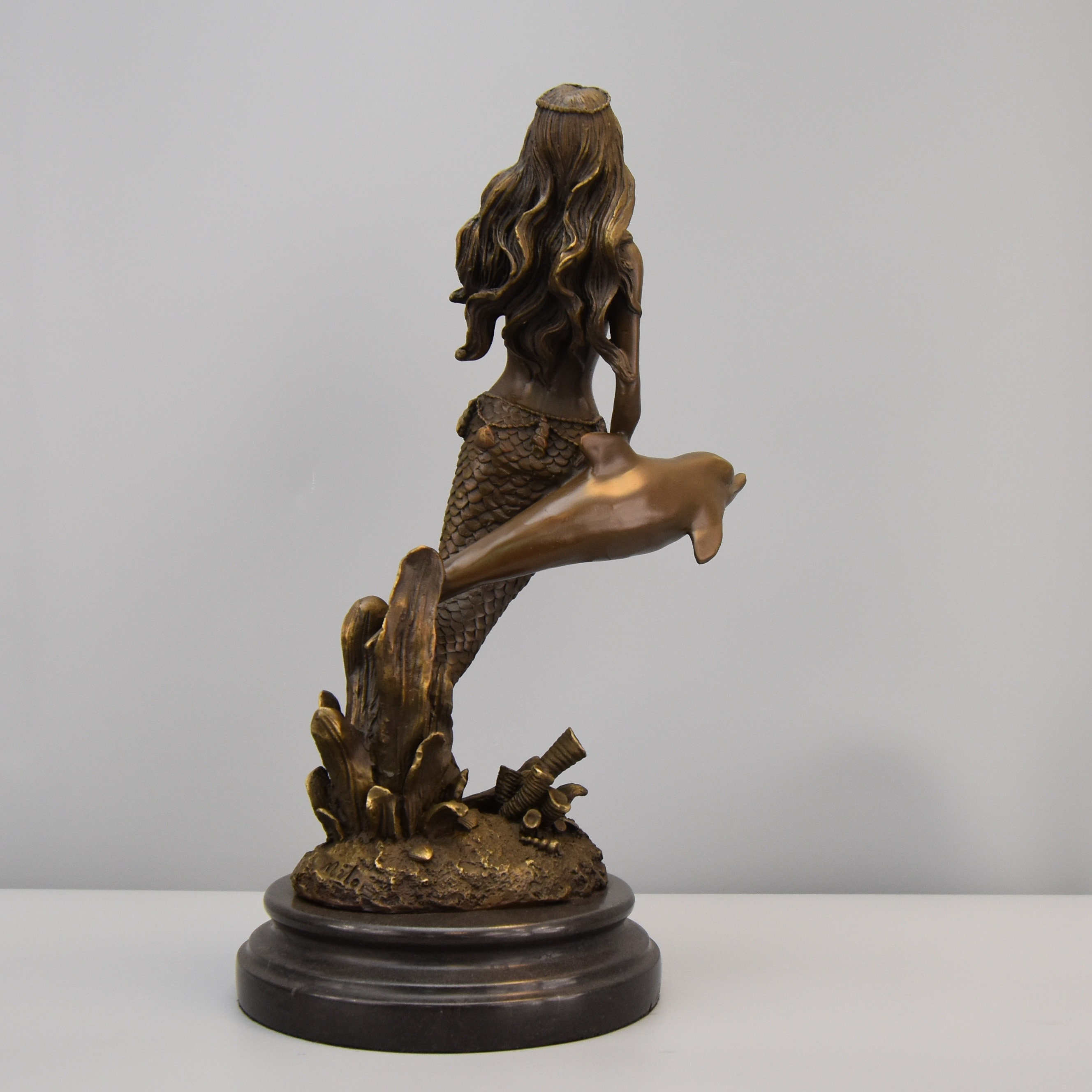 B0279✨Handgefertigte Bronzefigur/Statue Meerjungfrau mit Delfin 