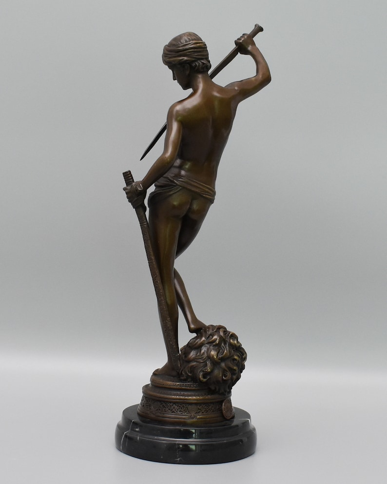 Vintage Figurine Gift Idea Bronze Sculpture on Marble Base David/'s Victory over the Goliath