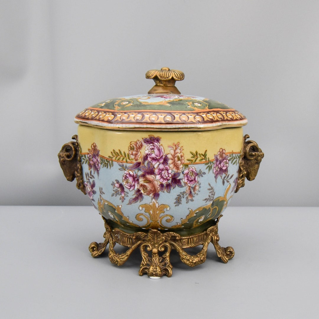 Porcelain Box With Lid, Bronze Mounted, Richly Decorated, Mouflons