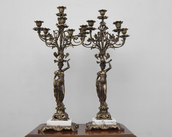 Set of Two Brass Five-branched Candelabras, Large Figural Candle Holders with Woman Sculpture, Candle Holder for 5 Candles, Rich Decor