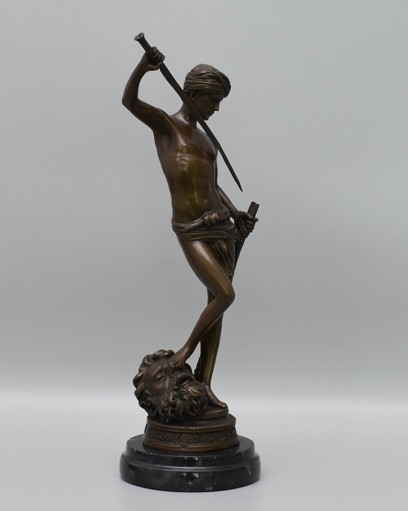 Vintage Figurine Gift Idea Bronze Sculpture on Marble Base David/'s Victory over the Goliath