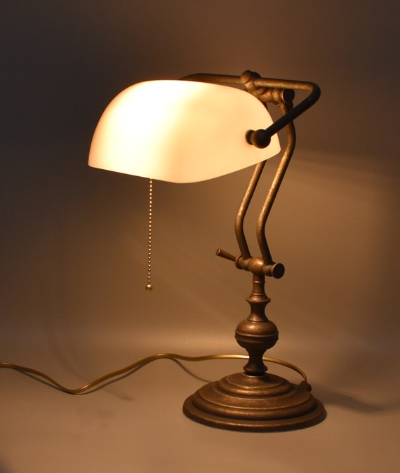 Lamp Banker White Shade Adjustable Height Vintage Art Deco Lamp