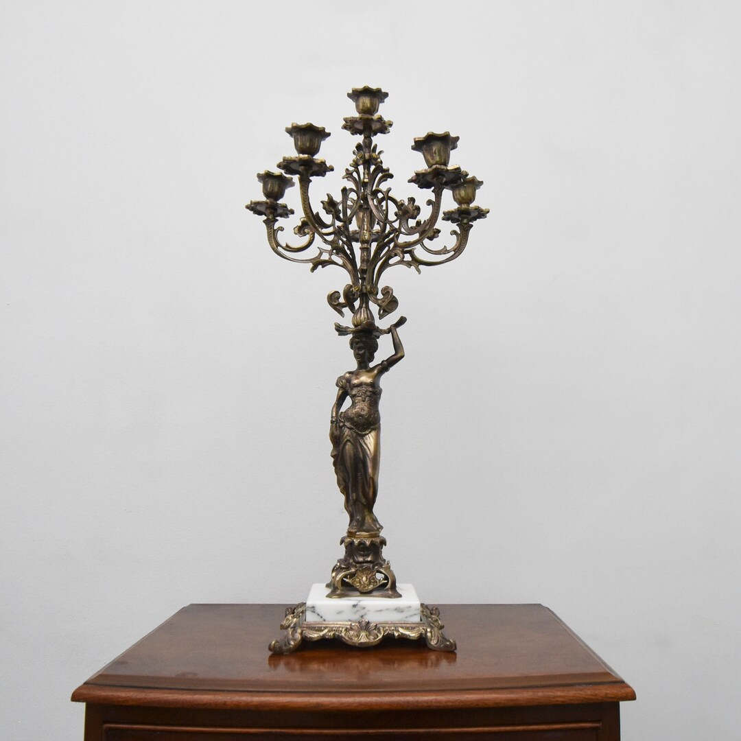 Amazing Brass Fivebranched Candelabrum, Large Figural Candle Holder