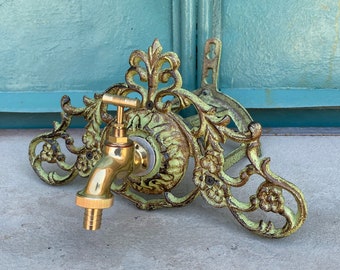 Cast Iron Wall Spout with Brass Tap and Garden Hose Holder, Vintage Home and Garden Decor