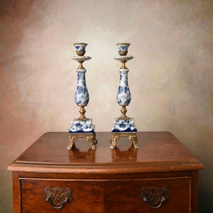 Charming Vintage Bronze-Mounted Porcelain Candlesticks with Blue Floral Motif Set of Two Unique Single Candle Holders for Stylish Home Decor