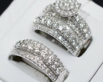 His /& Her Engagement Ring Wedding Band Trio Set Round Diamond 10K Yellow Gold Fn