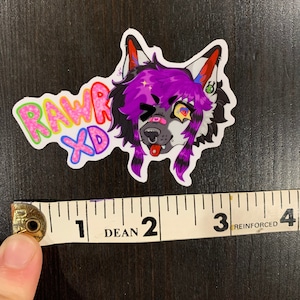 May include: A colorful sticker featuring a cartoon wolf with purple hair, a winking eye, and a tongue sticking out. The sticker has the text "RAWR XD" in rainbow colors. The sticker is approximately 3 inches wide.