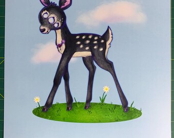 May include: A black and white spotted fawn with purple eyes and a pink flower on its neck stands on a green grassy patch with white flowers. The fawn is outlined in purple and the background is a light blue sky with white clouds.