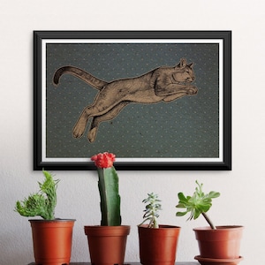 Leaping Lynx Big Cat stampa A4, marrone riciclata Kraft carta nero e blu - Wall Art Poster, Art Decor, animale stampa arte senza cornice