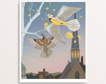Birds over Exeter College Oxford limited edition portrait print, large (297x370mm) Art Gift - Wall Art Poster, Art Decor, Print Art Unframed
