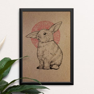 Impresión de conejo y sol rojo A4, papel Kraft reciclado marrón negro y rojo - cartel de arte de la pared, decoración del arte, arte de impresión animal sin marco