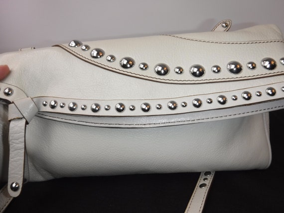 Edgy White Leather Studded Clutch
