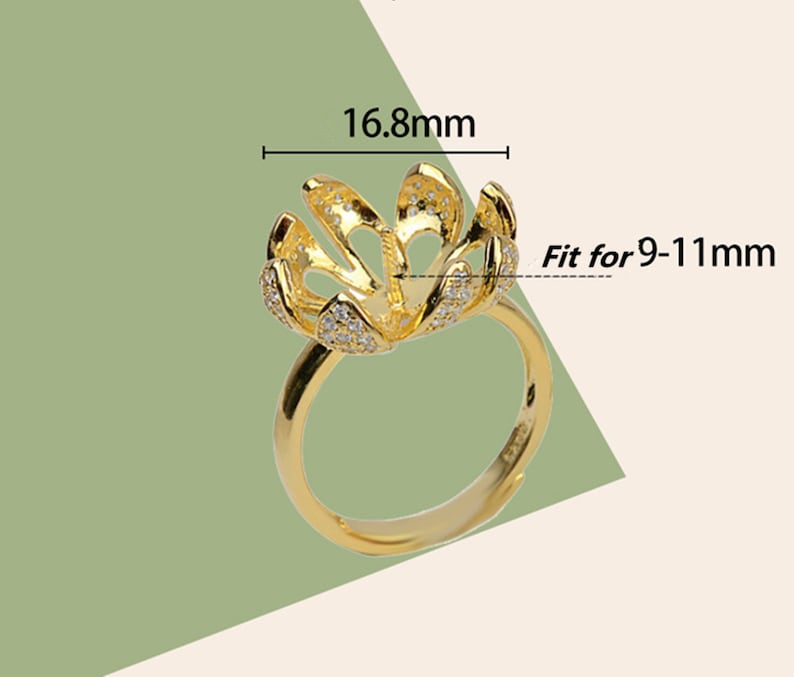 May include: Gold ring with a flower-shaped setting, 16.8 mm in diameter, designed to hold a pearl or gemstone. The setting is decorated with small clear stones.  Fit for 9-11 mm pearls.