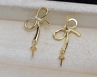 925 Sterling Silver Zircon Earring Studs,CZ Earring Studs Mount,Knot Pearl Earring Post,Silver/Gold DIY Jewelry Earring Findings