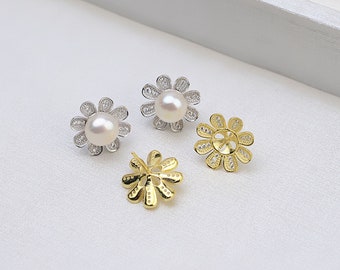 Sterling Silver CZ Earring,S925 Silver CZ Paved Earring Studs,7-8 mm Flower Pearl Earrings Settings Blanks,Earring Post Mountings