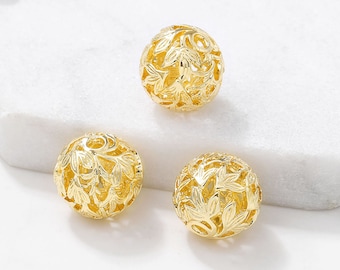 Gold Plated Brass Filigree Spacer Beads,14 mm Metal Spacer Beads,5/10 pcs Gold Round Flower Loose Beads,DIY Jewelry Accessories