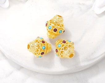 5pcs Spacer Zircon Beads,CZ Paved Spacer Beads,11x13 mm Gold Plated Brass Charm Beads,DIY Jewelry Making