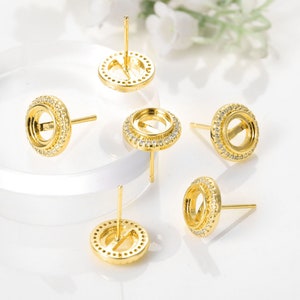 14k Gold Plated Brass CZ Pave Zircon Ear Studs Charms, Tachuelas de pendiente redondas con pasador de plata de ley 925