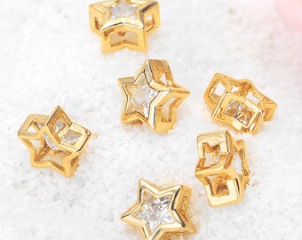 5/10 pcs Gold Plated Brass Metal Spacer Beads,CZ Micro Pave Charm Spacer,Star Zircon Spacer Beads For DIY Jewelry Making