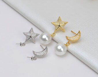 Sterling Silver CZ Earring,S925 Silver Star Earring Studs,Moon Pearl Earrings Settings Blanks,Earring Post Mountings