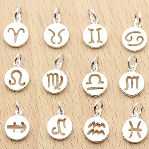 925 Sterling Silber Sternbild Anhänger,10mm Sternzeichen Anhänger Charms, runde Charms