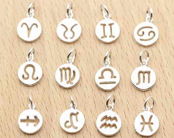 925 Sterling Silver Constellation Pendant,10mm Zodiac Signs Pendants Charms, Round Charms