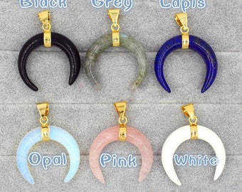 Crescent Moon Pendants,White Double Horn Pendant,Crescent Moon Horns Charm,Rose Quartz Pendant,Opal Pendant,Double Horn Pendants MS22503