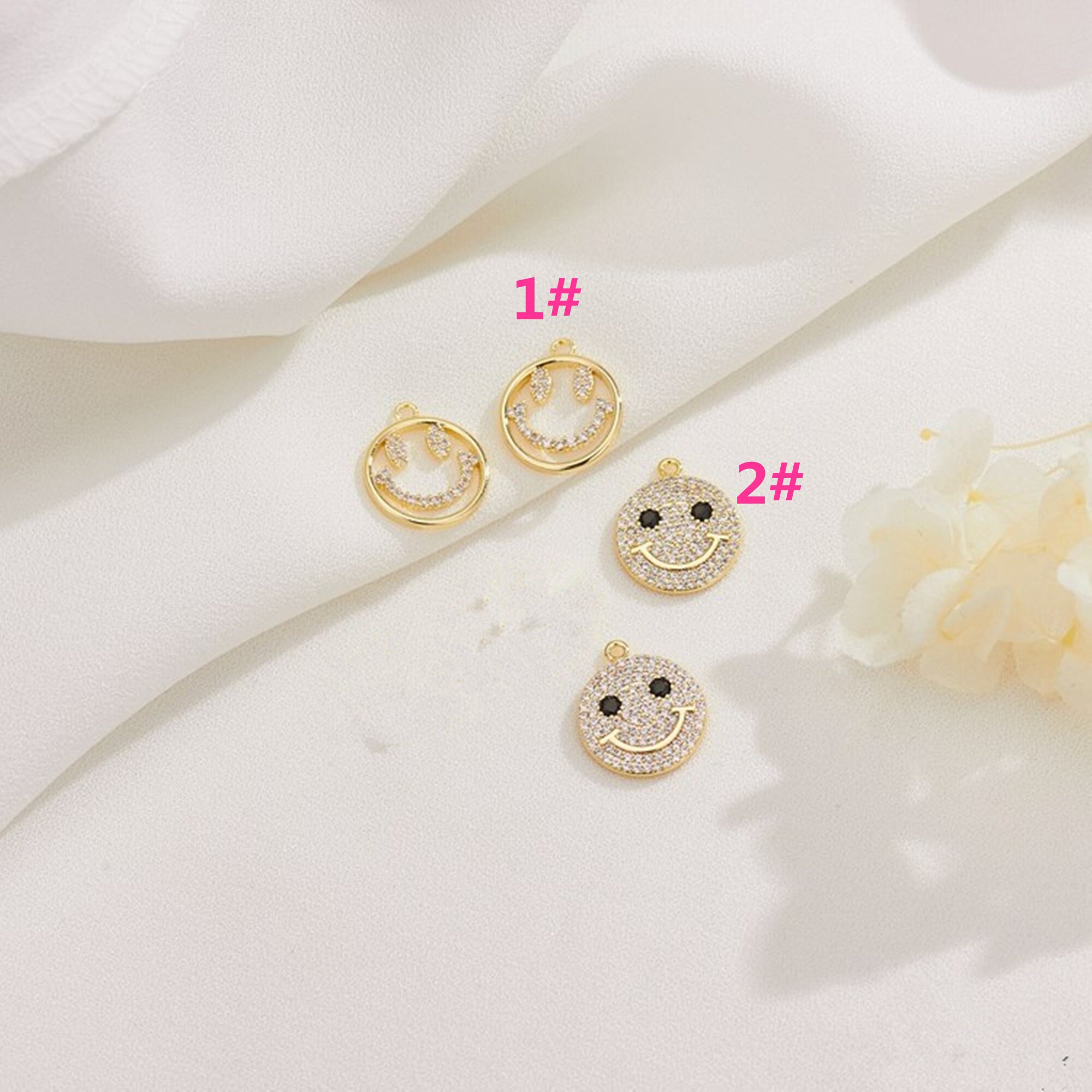 3 Pieces 14K Gold Plated Cubic Zircon Pendant,smile Face CZ