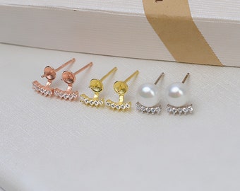 925 Sterling Silver Zircon Earring Studs,CZ Earring Studs Mount,Pearl Earring Charms,Silver/Gold/ Rose goldDIY Jewelry Earring Findings