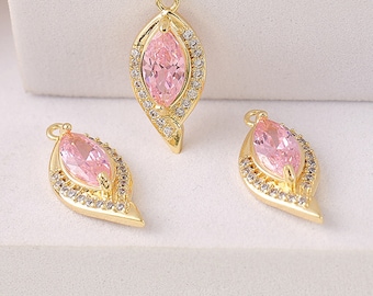4PCS Gold Plated Brass Zircon Leaf Charm Pendants,20 ×9 mm Cubic Zircon Paved Connector Pendants,DIY Jewelry Charms Findings