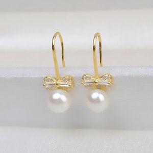 S925 Silver CZ Paved Earring Hooks,Bowknot Sterling Silver CZ Earring Blanks,7-8 mm Pearl Earrings Posts,DIY Earring Mountings image 3