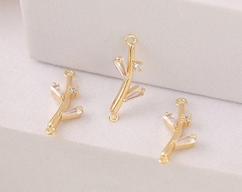 6PCS Gold Plated Brass Zircon Branch Charm Pendants,18 ×7 mm Cubic Zircon Paved Connector Pendants,DIY Jewelry Charms Findings