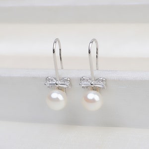 S925 Silver CZ Paved Earring Hooks,Bowknot Sterling Silver CZ Earring Blanks,7-8 mm Pearl Earrings Posts,DIY Earring Mountings image 4