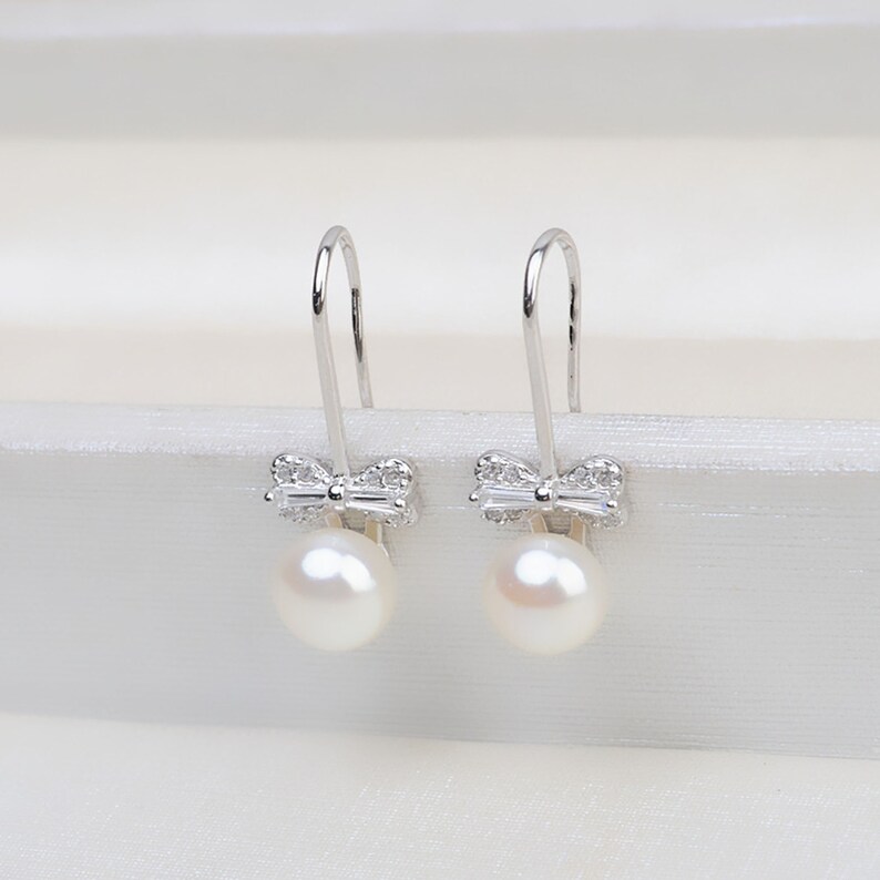 S925 Silver CZ Paved Earring Hooks,Bowknot Sterling Silver CZ Earring Blanks,7-8 mm Pearl Earrings Posts,DIY Earring Mountings image 4