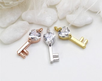 10 pcs CZ Pave Pendant,Key Pave charm,14K Gold Plated Brass Pendants,3 Colors Cubic Zircon Charms,Necklace Bracelet Findings ZX22022030