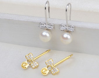 S925 Silver CZ Paved Earring Hooks,Bowknot Sterling Silver CZ Earring Blanks,7-8 mm Pearl Earrings Posts,DIY Earring Mountings