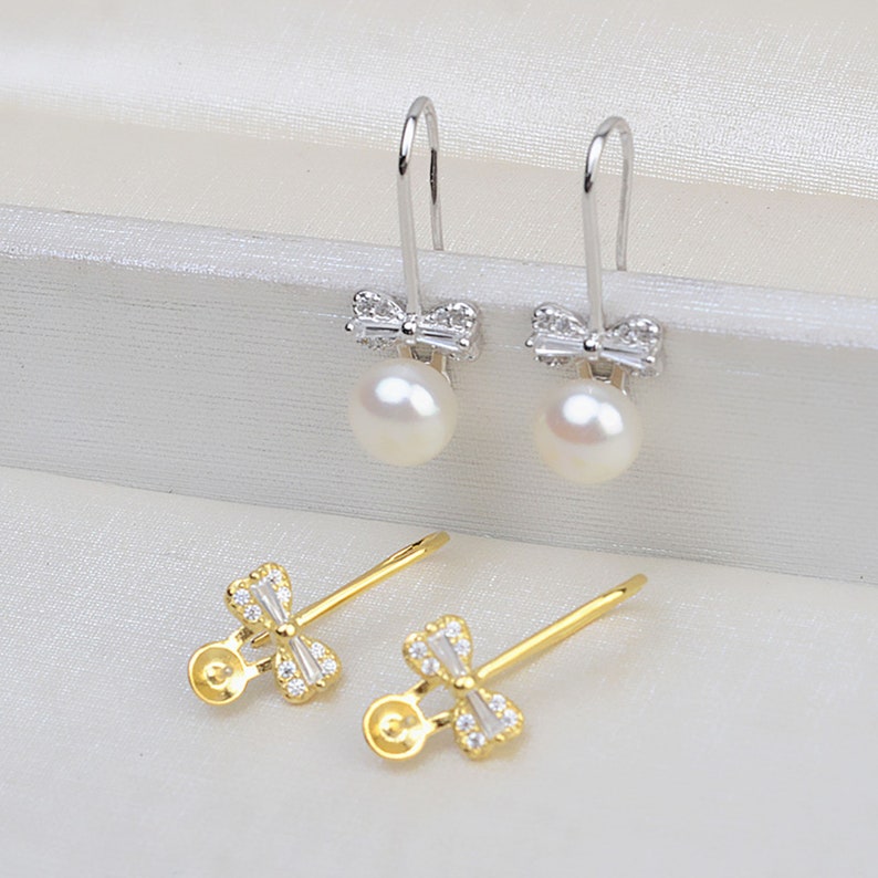 S925 Silver CZ Paved Earring Hooks,Bowknot Sterling Silver CZ Earring Blanks,7-8 mm Pearl Earrings Posts,DIY Earring Mountings image 1