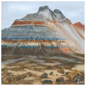 May include: A painting of a layered, colorful mountain with a rocky, brown foreground. The mountain has bands of red, orange, blue, and gray. The foreground is covered in small, brown rocks and scattered pieces of petrified wood.