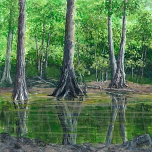 May include: A painting of a forest scene with tall trees reflected in a still pond. The trees are green and the water is a light green color. The artist's signature is visible in the lower right corner.