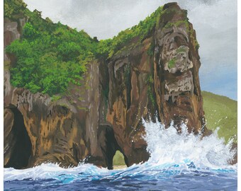 May include: A painting of a rocky cliff face with green foliage, partially submerged in the ocean.  Waves crash against the cliff, creating a spray of white foam. The sky is overcast and gray.
